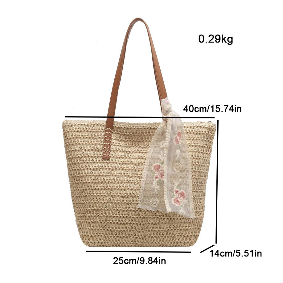 Summer Large Capacity Handbag Ladies Shoulder Bag Fashion Handmade Straw Bag Hundred Ladies Tote Bag Silk Scarf Decoration