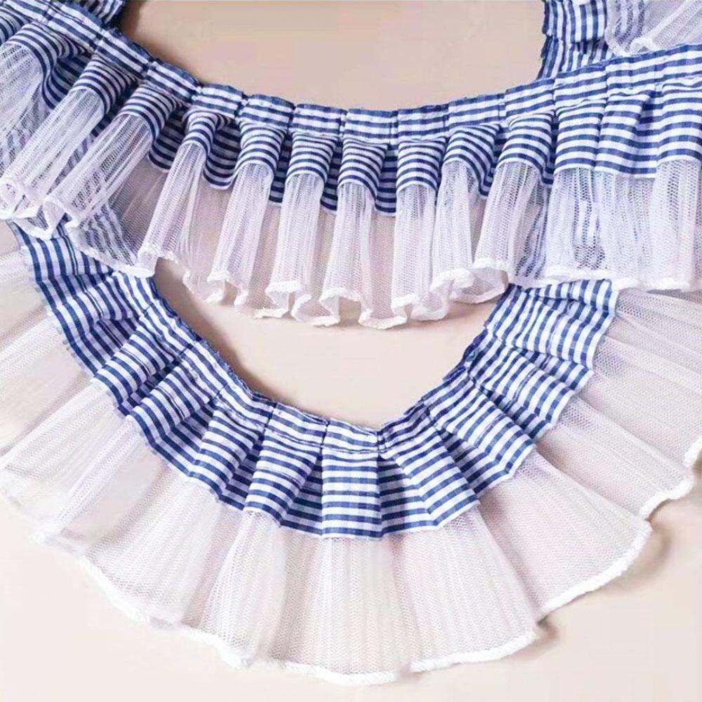 

1Yard/3Yards Plaid Lace 7CM Wide White Black Plaids Satin Ribbon Pleated Lace Embroidery Trims For DIY Dress Collar Sewing Decor 1 Yard синий