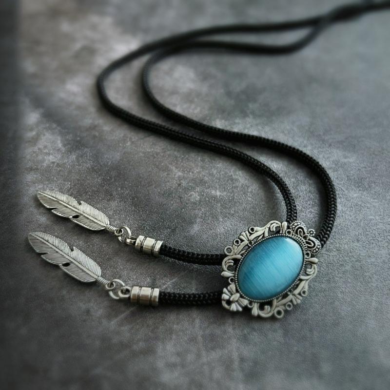 Men Women Handmade Vintage Bolo Tie Western Cowboy Braided Rope Necktie with Antique Stone Feathered Pendant Necklace