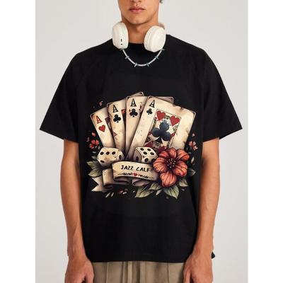 T-Shirt da Uomo Nera Quattro Assi Carte da Gioco Dadi Fiore Jazz Stampa Vitello Streetwear Casual Moda Top