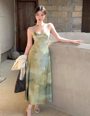 Smudged New Chinese-style Printed Suspender Dress, Summer New Thin Inner Retro Light National Style Holiday Dress
