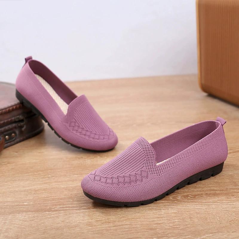 Summer Women's Solid Color Knit Loafers Lightweight Soft Sole Breathable Mother's Shoes Anti Slip Flat Shoes for Casual Wear