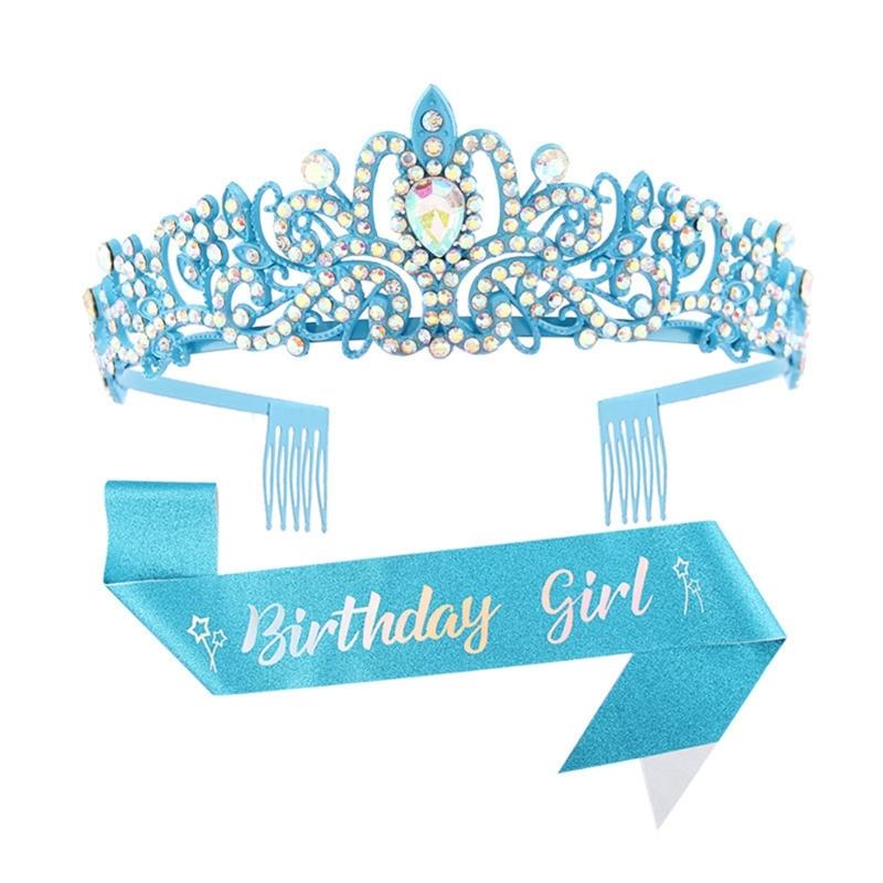 Fashionable 2pcs Rhinestones Tiaras Headband and Sash Hairpiece Hair Accesories for Women’s Birthday Party Accessories