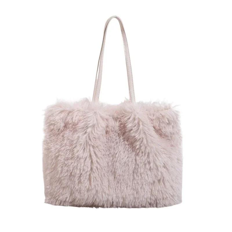 New large capacity solid color fur handbag for women trendy fashion casual single shoulder feminine bags