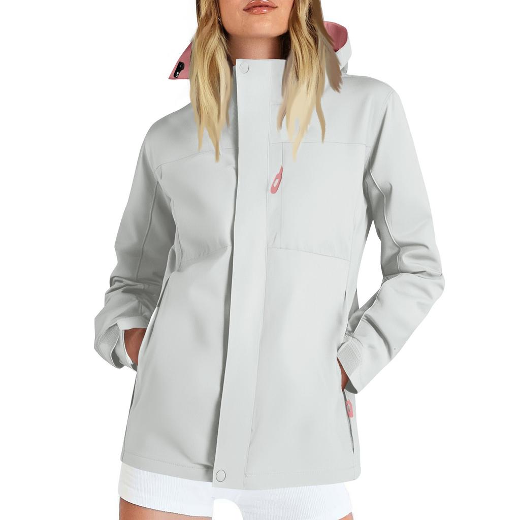 Women Solid Stripe Rain Jacket Outdoor Plus Waterproof Hooded Raincoat Windproof