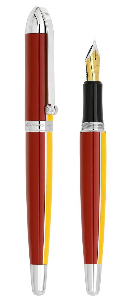Xezo Visionary medium nib fountain Aspen gold and red Limited edition of Screw pen. color. 500, serialized. Handcrafted. cap.