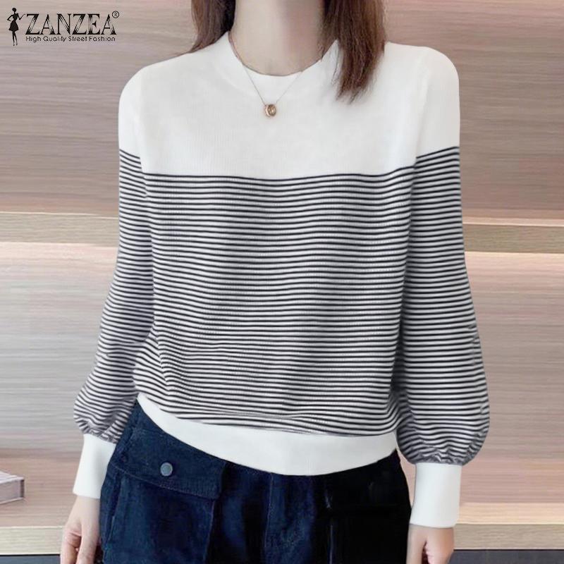 ZANZEA Women Casual Round Neck Long Sleeve Stripe Blouse