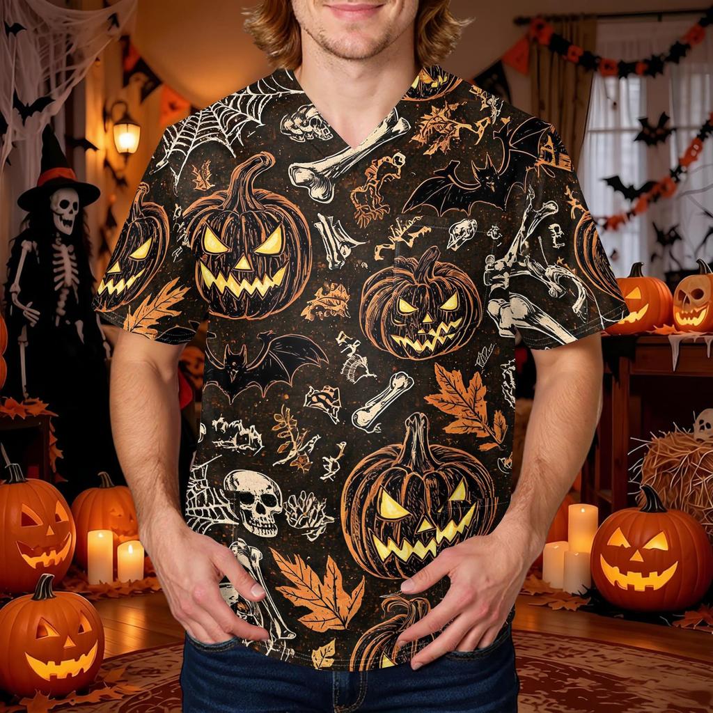 Men's Halloween Print V-Neck Scrub Top with Pockets Comfort Fit for Daily Work