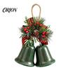 Holiday Party Door Decor Christmas Bell Ornaments, Metal Double Jingle Bells Xmas Tree Hanging Wreath Accessories Decoration with Pinecones