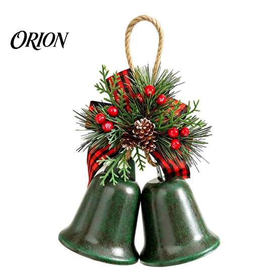Holiday Party Door Decor Christmas Bell Ornaments, Metal Double Jingle Bells Xmas Tree Hanging Wreath Accessories Decoration with Pinecones