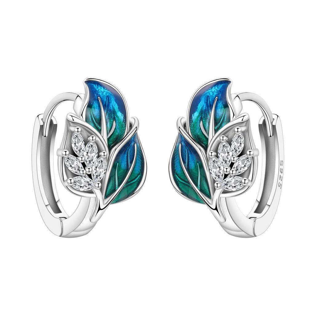 Original NEW S925 Silver Pink Purple Flowers Plants leaf Series Earring Hoop Earrings Women Jewelry Party Gifts