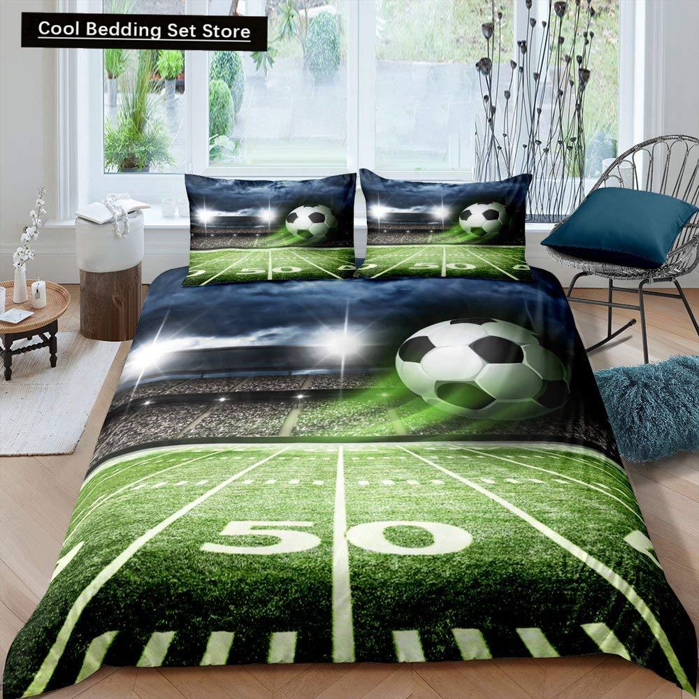 Husă de Plapumă Verde Teren de Fotbal King Queen Husă de Plapumă Teren de Fotbal Set de Lenjerie de Pat pentru Băieți Bărbați Jocuri Sportive Husă de Plapumă Poliester