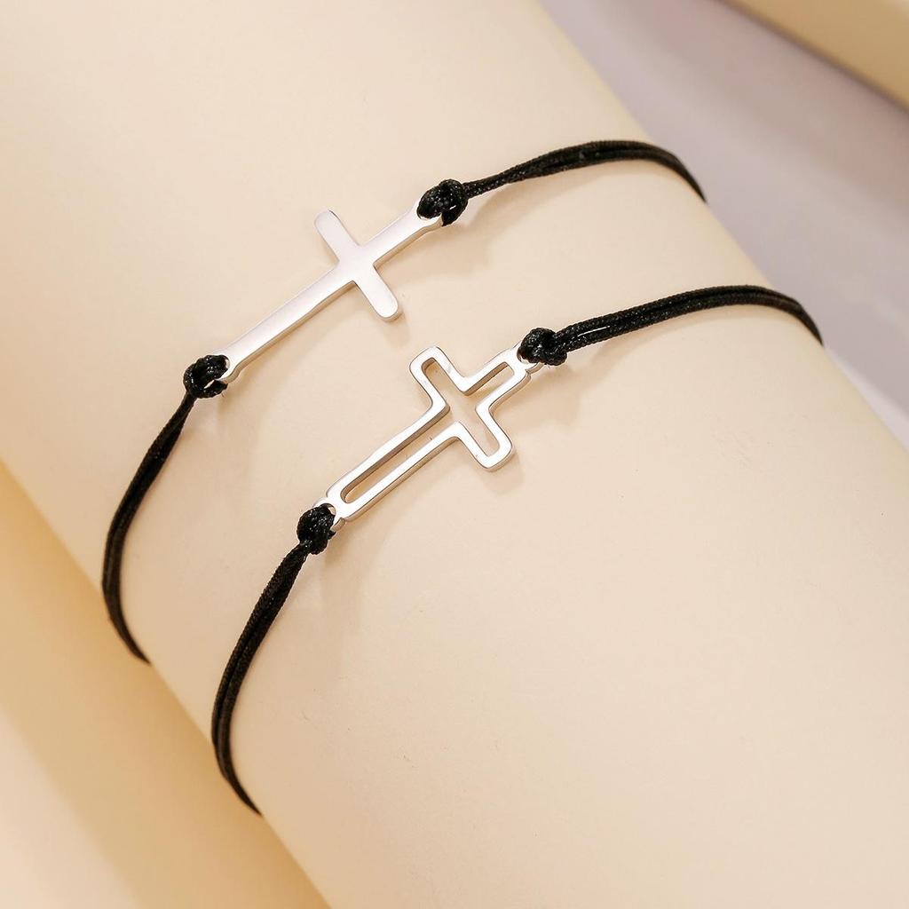 Geflochtenes schwarzes Seil & 201 Edelstahl Armband Set: Unisex Religiöser Schmuck für Paare