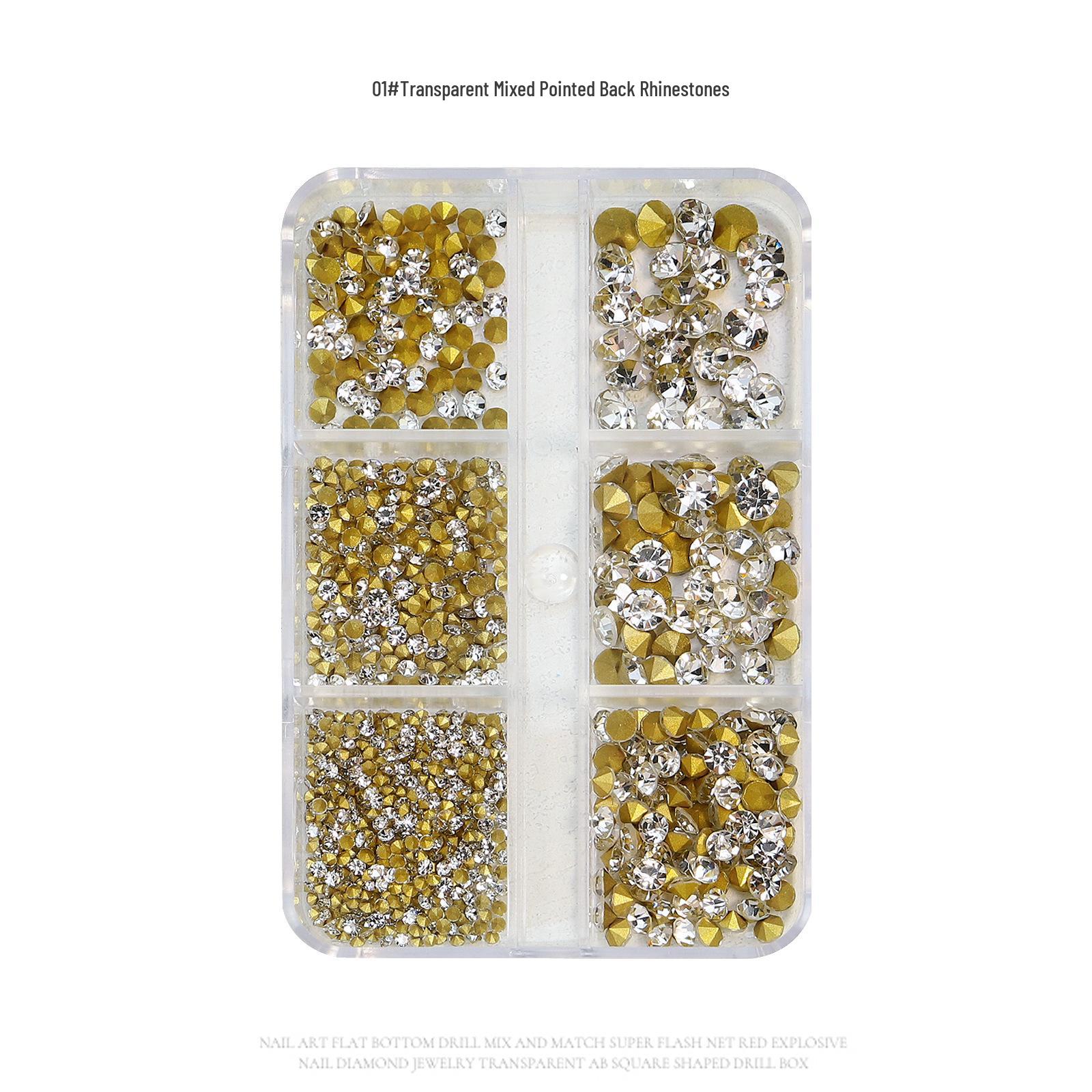 

Новый набор бриллиантов для нейл-арта: Коробка с 6 отделениями с белыми и розовыми заостренными стеклянными стразами для нейл-арта.