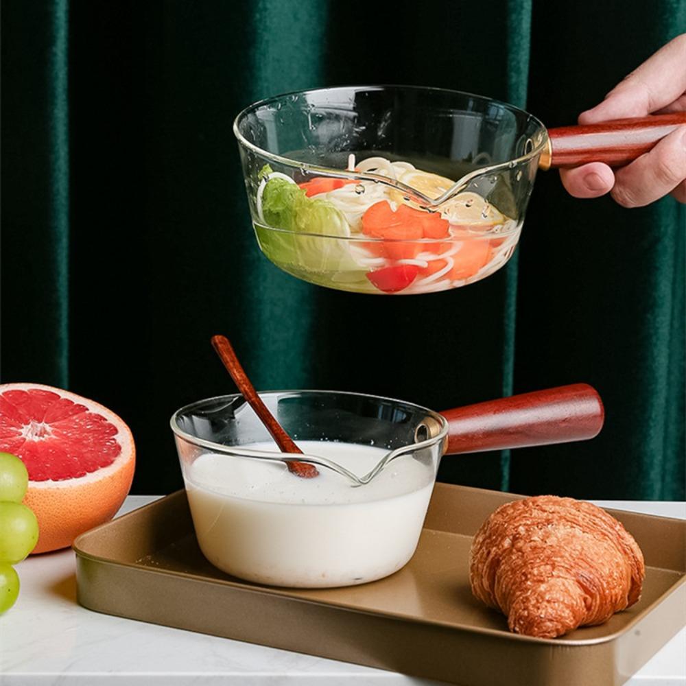 Wood Handle Saucepan Transparent Noodle Pot Salad Bowl Glass Milk Pot Porridge