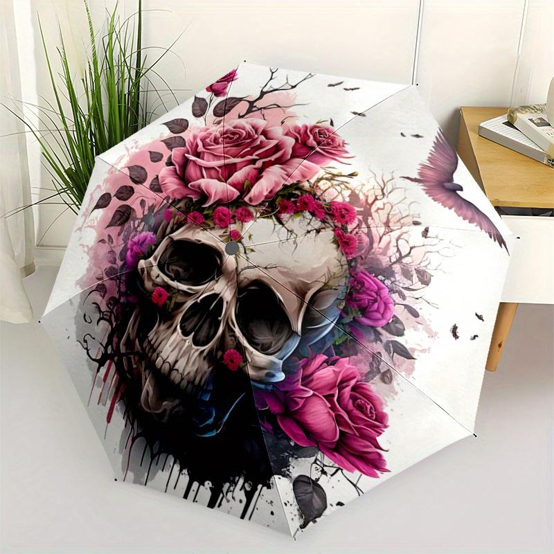 1pc Floral Skull Design Pattern Automatic Umbrella is Fashionable and Good-Looking, Suitable for Travel and Daily UseA014