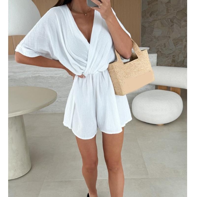 Summer Fashion Cross V Neck Loose Women Jumpsuits Casual Solid Color Short Sleeve Elegant Simple Party Playsuits Office Streetwear Women's Clothing