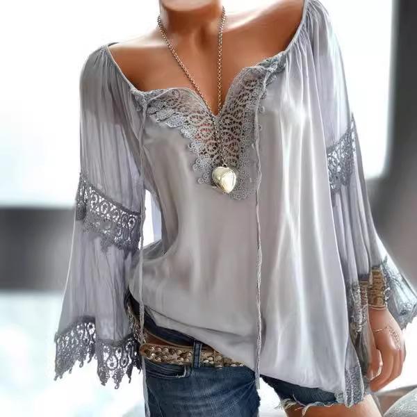 Ladies Summer Flare Sleeve Solid Color Lacework Pullover Shirt Top