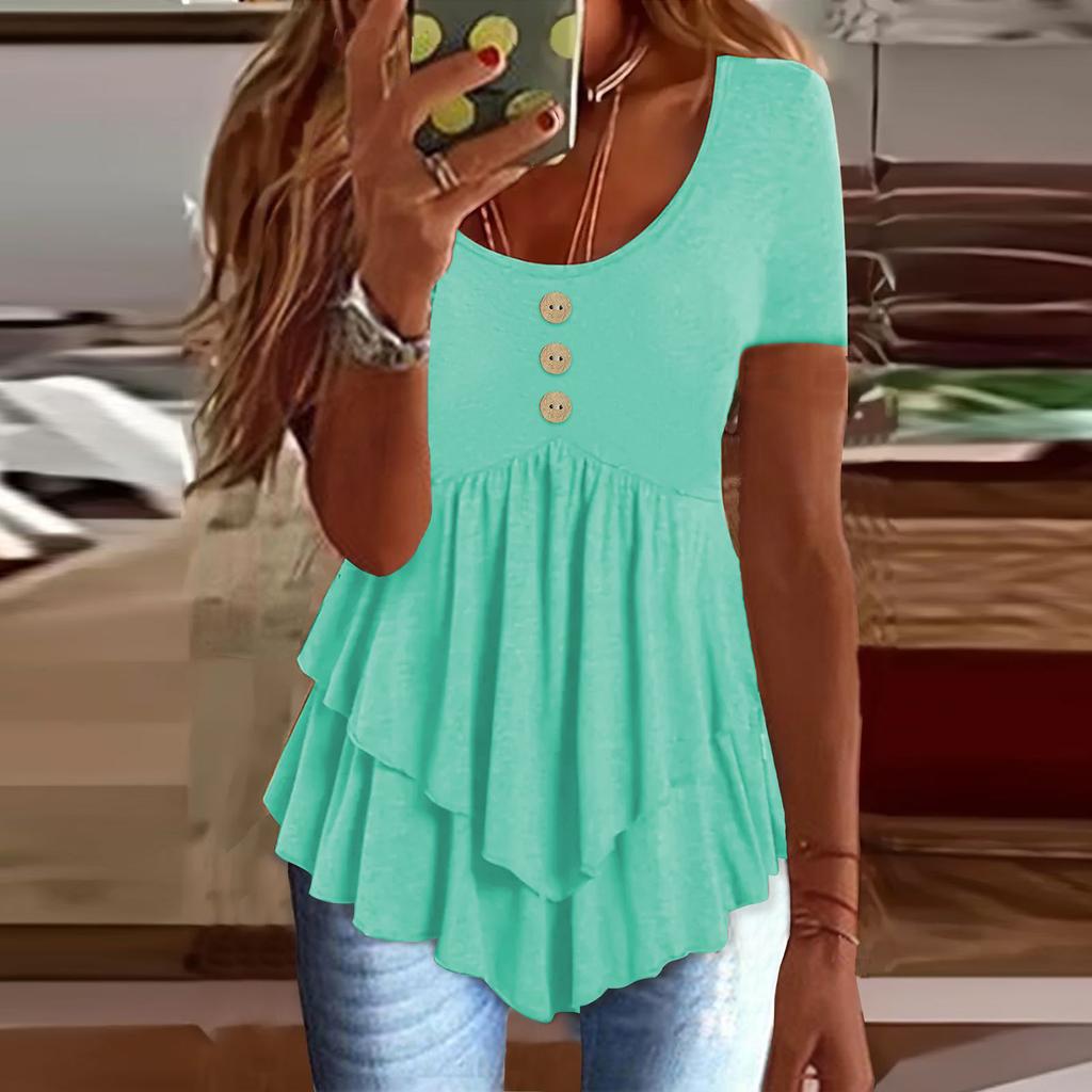 Women's Fashion Loose Three Button Casual Solid Colour Short Sleeve T-Shirt Top