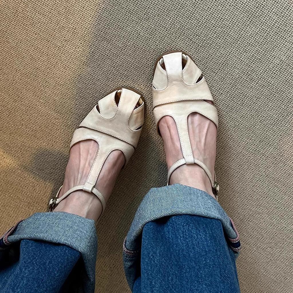 Sheepskin version~ retro round head hollow summer woven sandals women's one-word with hollow thick heel literary style bag head shoes