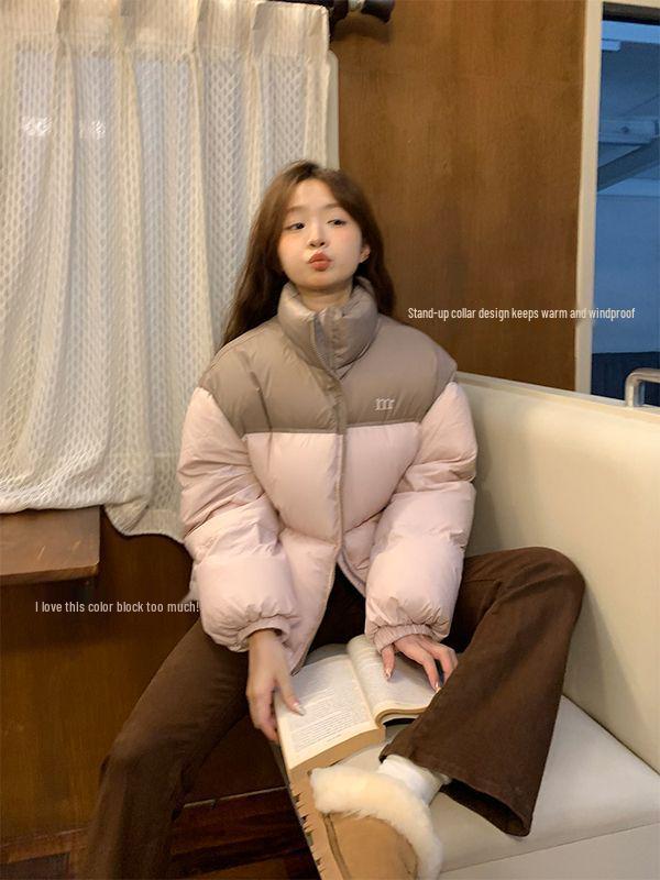 Women's 2025 Korean Style Patchwork Down Jacket - Short, Thickened, White Duck Down, Winter Coat