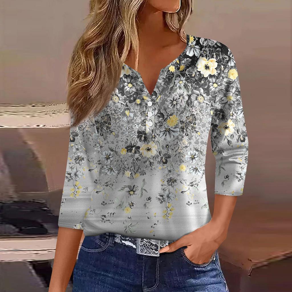 Women's T Shirt Tee Print Button 3/4 Sleeve Tunic Daily Weekend Fashion Basic V- Neck Regular Top