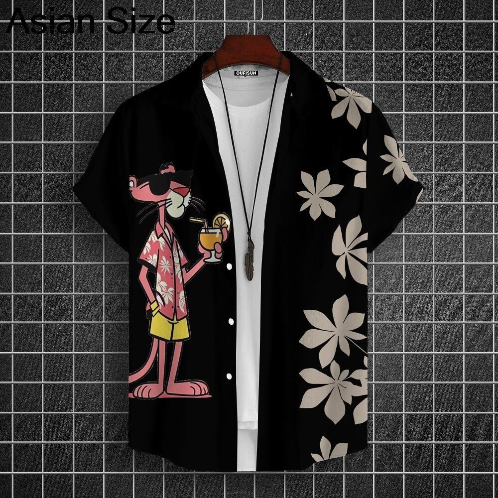 Cartoon Leopard Grafik Herren Kurzarm Hemd mit Kragen Oberteile Unisex Rosa Knopfleiste Hawaiian Hemden Sommer Täglich Damen Blusen