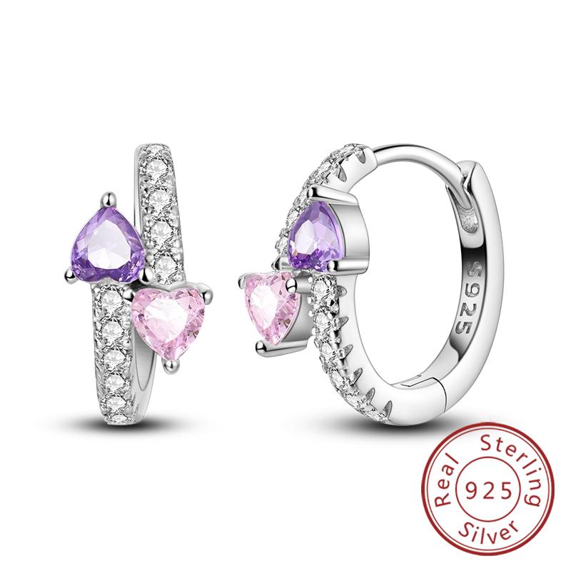 New Original 925 Silver Hoop Earrings Purple Zircon Flowers Butterflies Studs Earring For Women Wedding Engagement Gift