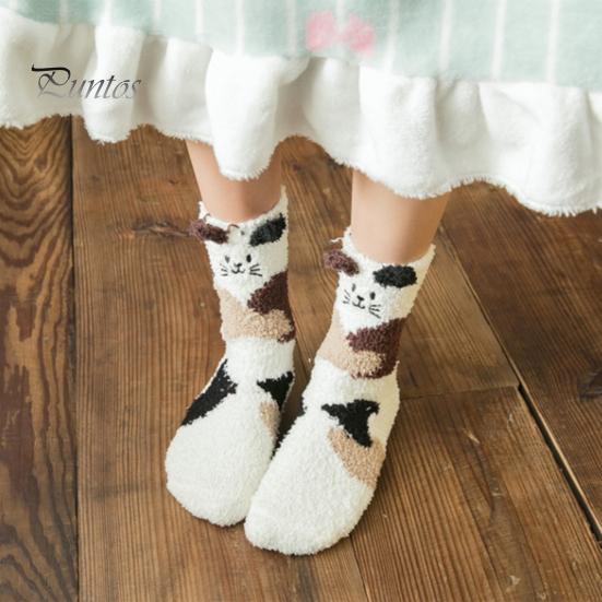 Mid Calf Socks 1 Pair Adults Cartoon Cat Rabbit Alpaca Giraffe Chick Fuzzy Fluffy Thickened Coral Fleece Stretchy Keep Warm Autumn Winter Floor
