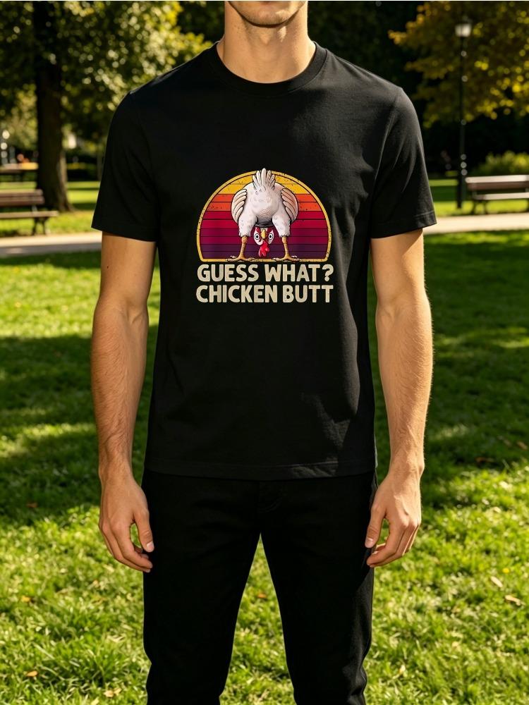 Funny Retro Sunset Guess What Chicken Butt Humor Graphic Print Unisexs Crew Neck Short Sleeve Tee Casual Daily Soft Basic Wear Top
