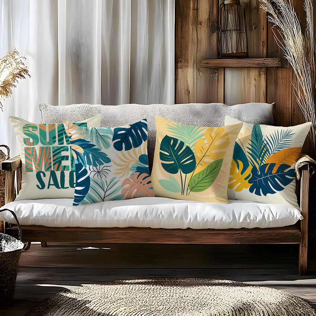 4Pcs Summer Tropical Palm Leaf Throw Pillow Covers, "Summer " Text & Monstera Print Cushion Cases, Fresh Boho Home Decor