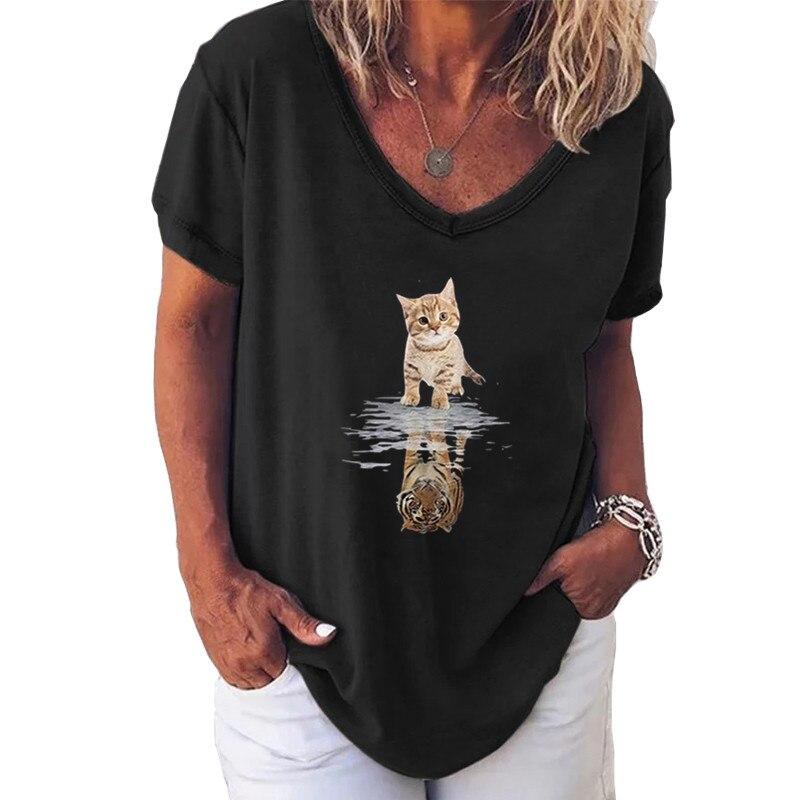 Fashion Spring  Kitten Print Blouses Short Sleeved V-Neck T Shirts Casual