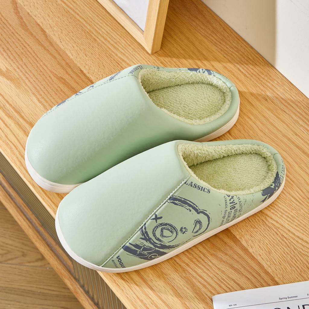 Leather waterproof cotton slippers autumn and winter indoor home non-slip bottom velvet warm couple antibacterial cotton mop