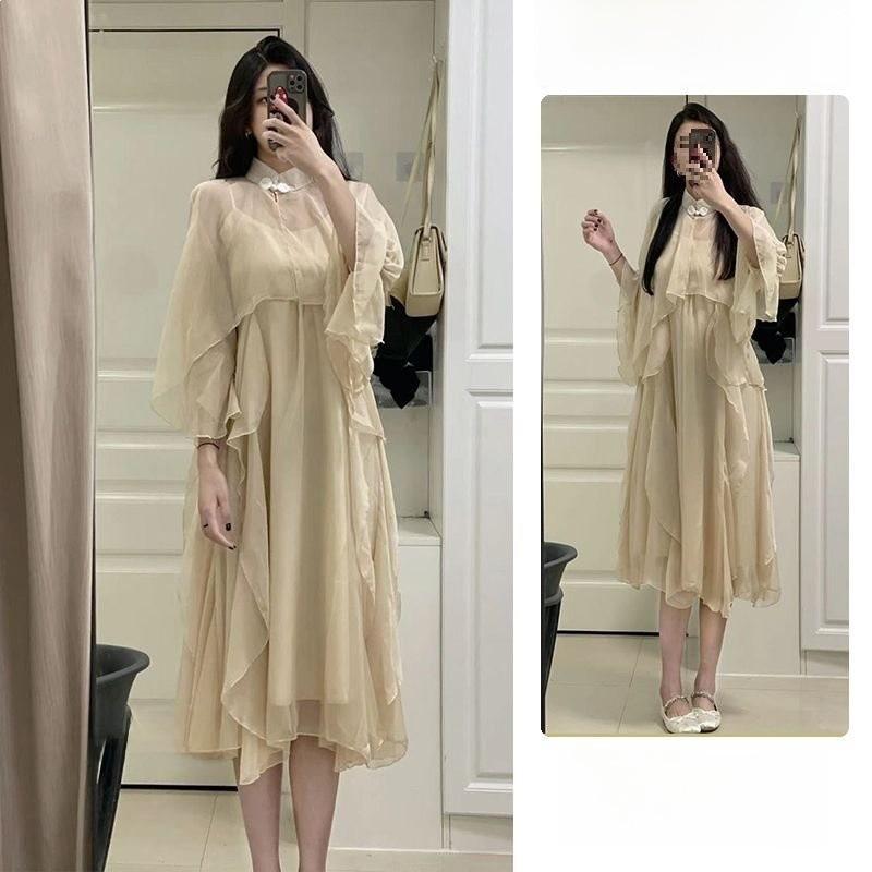 New Chinese Style Lotus Leaf Edging Dress Set With Sheeps Wool Fabric For Summer Casual Wear For Women