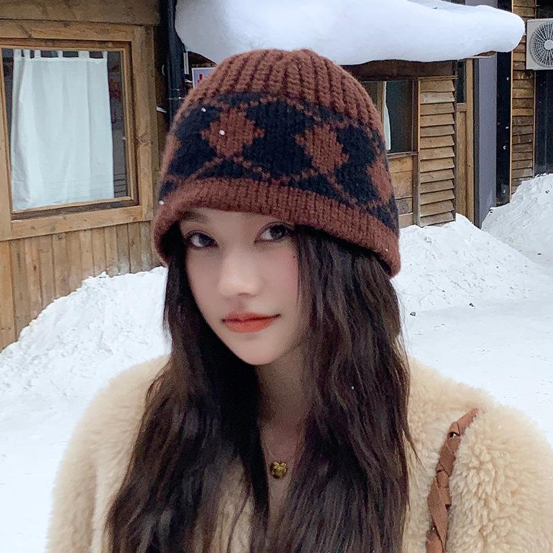 Korean Retro Rhombus Knitted Hat Versatile and Fashionable Korean Style Trendy Pullover Hat Outdoor Autumn and Winter Warm Woolen Hat for Women