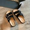 Women's PU Suede Flat Slippers Two-layer Adjustable Buckle Rubber Soft Sole Non-slip Sandals Beach Open Toe Slides Sandalias New