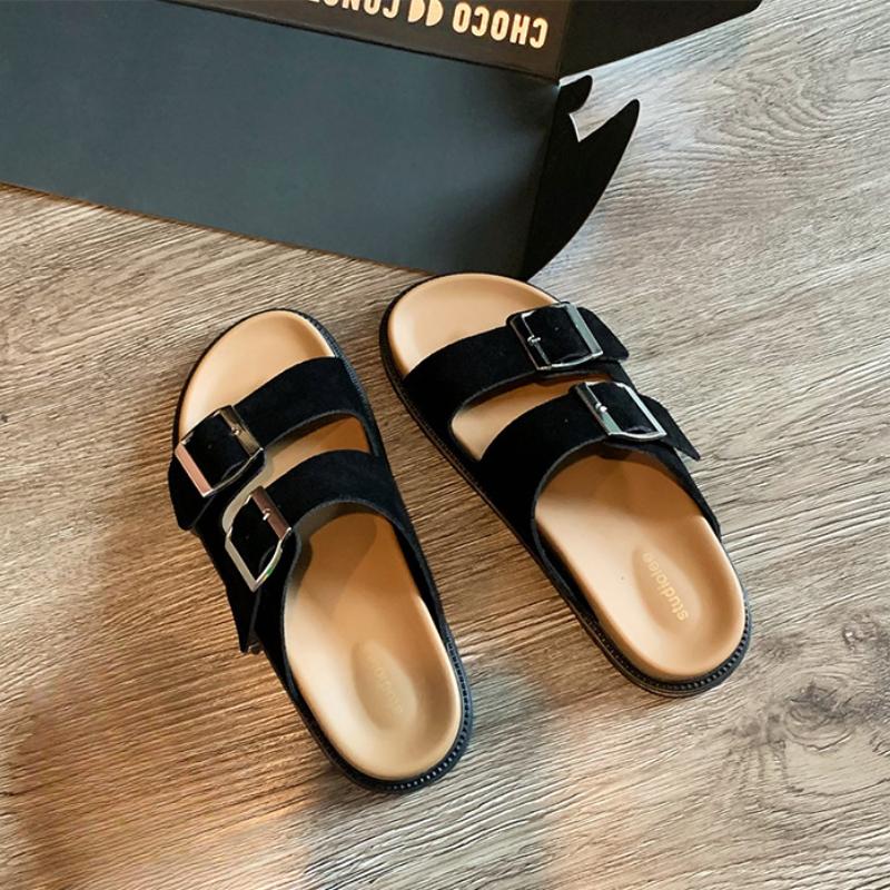 Women's PU Suede Flat Slippers Two-layer Adjustable Buckle Rubber Soft Sole Non-slip Sandals Beach Open Toe Slides Sandalias New