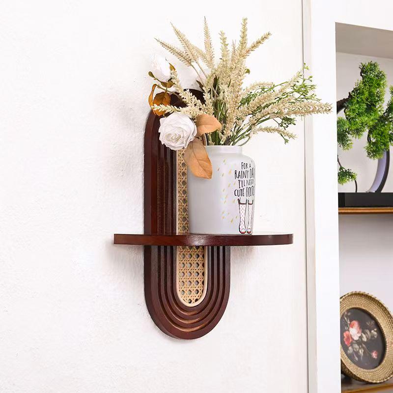 1PC Solid Sturdy Shelf Natural Wood Bohemian Wall Minimalist Rattan Weave Space-Saving Mounted Multi-Purpose