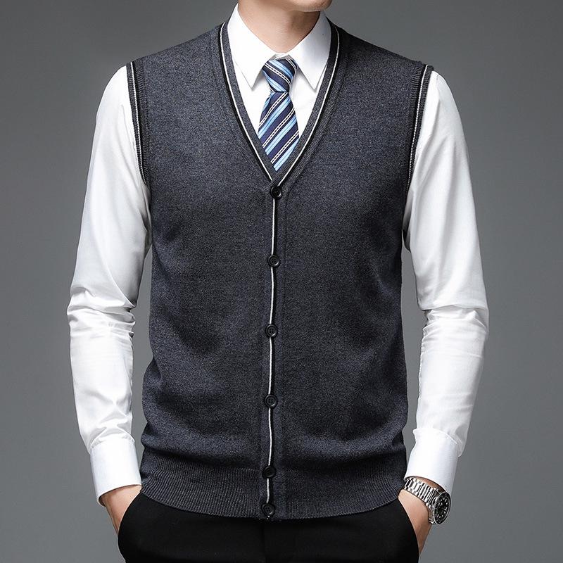 

Men s Middle-Aged V-Neck Wool Vest: Knitted Cardigan, Pure Cashmere Sleeveless Sweater for Autumn and Winter. M