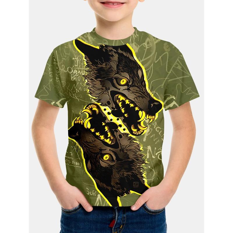 3D Wolf Printed T-shirts Fashionable Casual Short Sleeved Children's Boy T-shirts - Soft Medium Stretch Polyester Fabric Summer Relaxed Fit Clothing