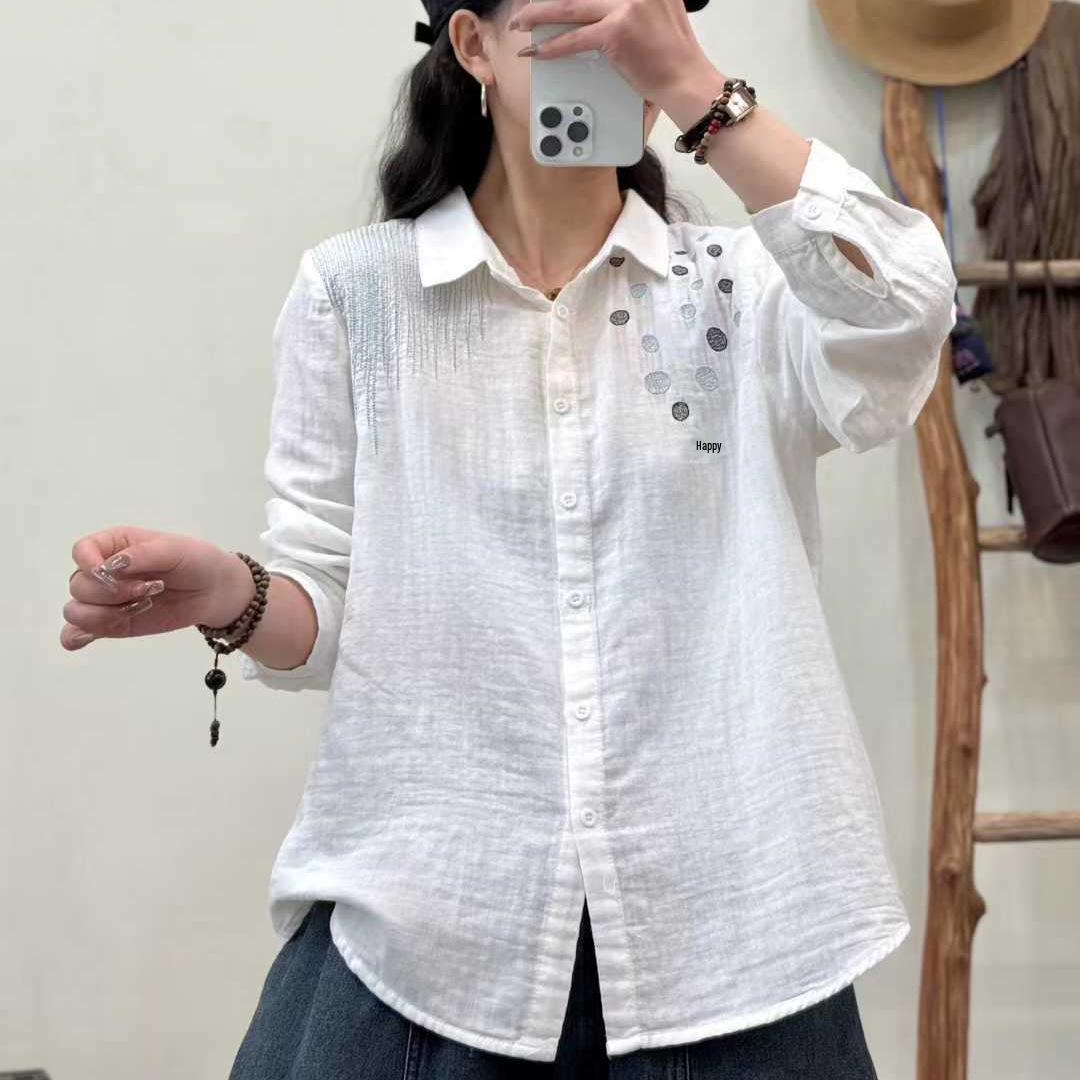 Женская вышитая белая хлопковая марлевая свободная рубашка с длинным рукавом, ранний сезон 2026 Large белый