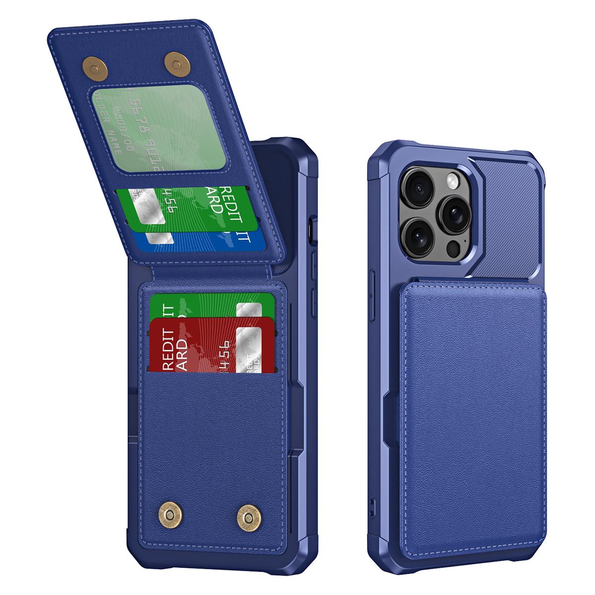 

ZM11 For iPhone 13 Pro Max Case Vertical Card Slots PU Leather Coated TPU Kickstand Phone Cover Dark Blue