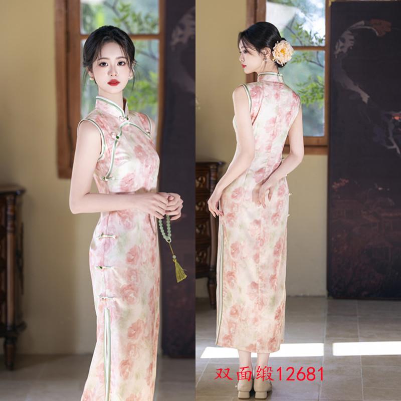 Young girl's improved new Chinese Hong Kong style sleeveless cheongsam, spring and summer round placket pink high-end cheongsam