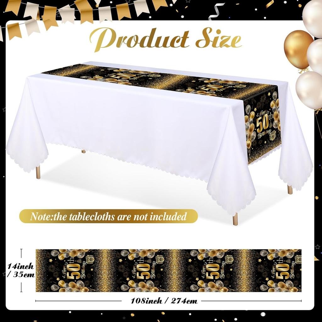 6 Pcs 50th Birthday Table Runners Plastic Black and Gold Tablecloths Happy 50th Birthday Table Runners 14x108 Inch for Men Women Anniversary