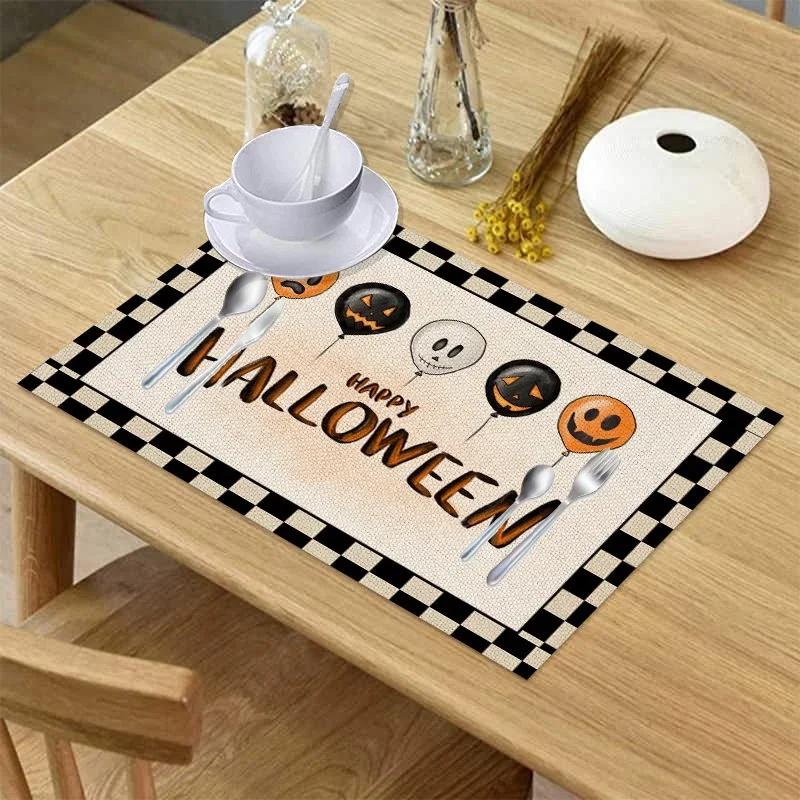 

42x32cm Halloween Plaid Linen Dining Tables Mat Heat Resistant Placemat Table Drink Cup Coaster Kitchen Accessories Wholesale 42X32cm