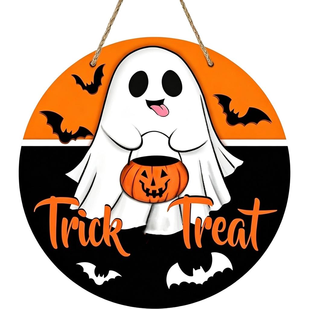 Wooden Hanging Halloween Sign Party Decoration Ghost Design Wall Ornament Rustic Style Door Plaque for Seasonal Indoor Outdoor Use