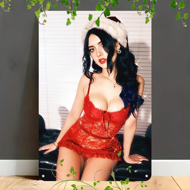 Noel Pin-Up Kızları Metal Tabela, Ofis Hediyesi Duvar Dekoru 20x30cm