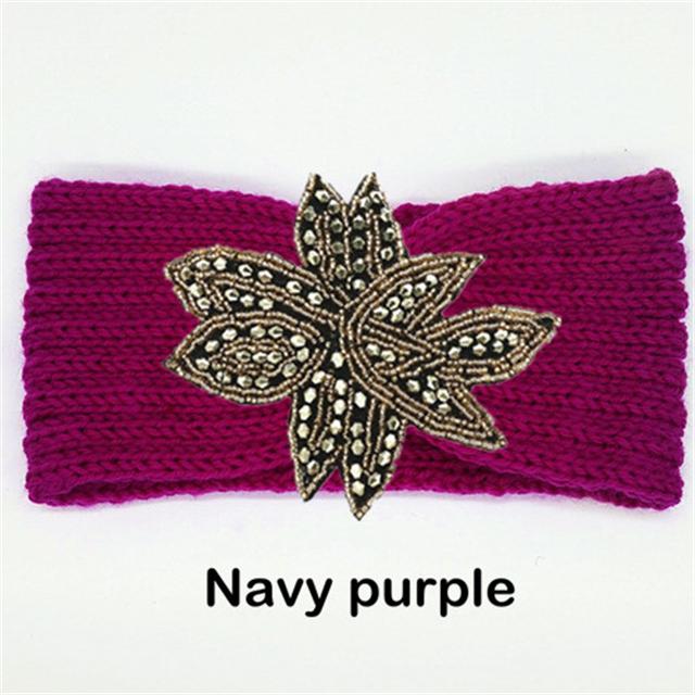 Crystal Beaded Flower Knit Headband For Women Winter Wool Ear Warmer Hairband Turban Headwrap Hair Accessories Bandeau
