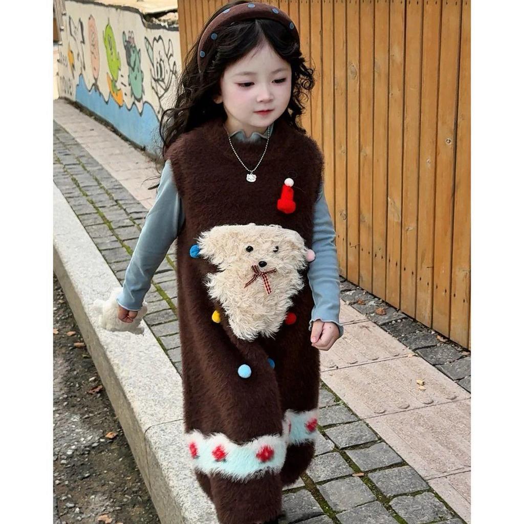 Girls' Autumn Coral Fleece Fur Dress - Cute, Soft, and Fashionable Long Vest for Children.