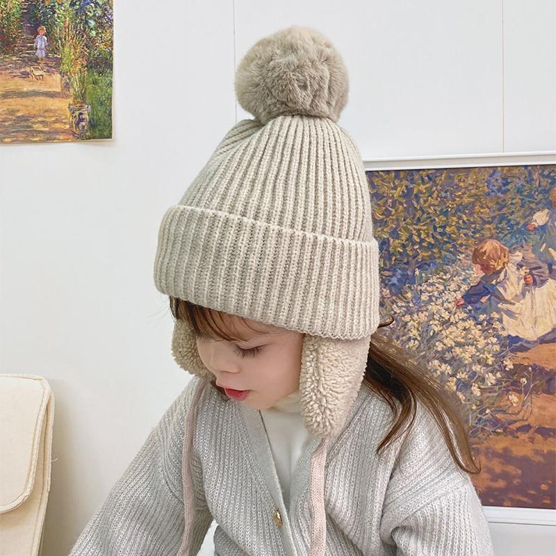 Winter Baby Knitted Hat With Earflaps Solid Color Pompon Beanie Cap Kids Boy Girl Thick Warm Plush Ear Protection Caps